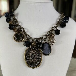 Vintage 1990s Assemblage  Brass Tone with Purple Cameo Pendant Necklace